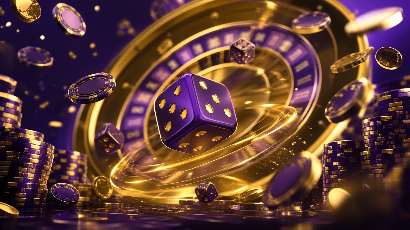 Luxurious, surreal casino-themed hero image featuring floating dice and poker chips, inspired by the dynamic concept of 'Dice