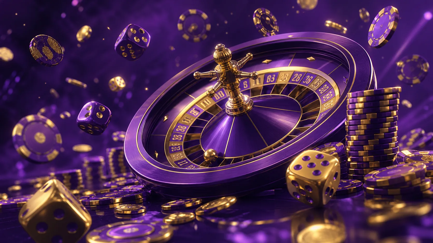 Ultrahigh resolution hero banner featuring floating casino dice and poker chips with dramatic lighting, representing the them